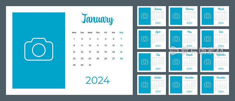 2024 -每月日历与地方的照片或插图。日历矢量模板为2024年。这一周从星期一开始